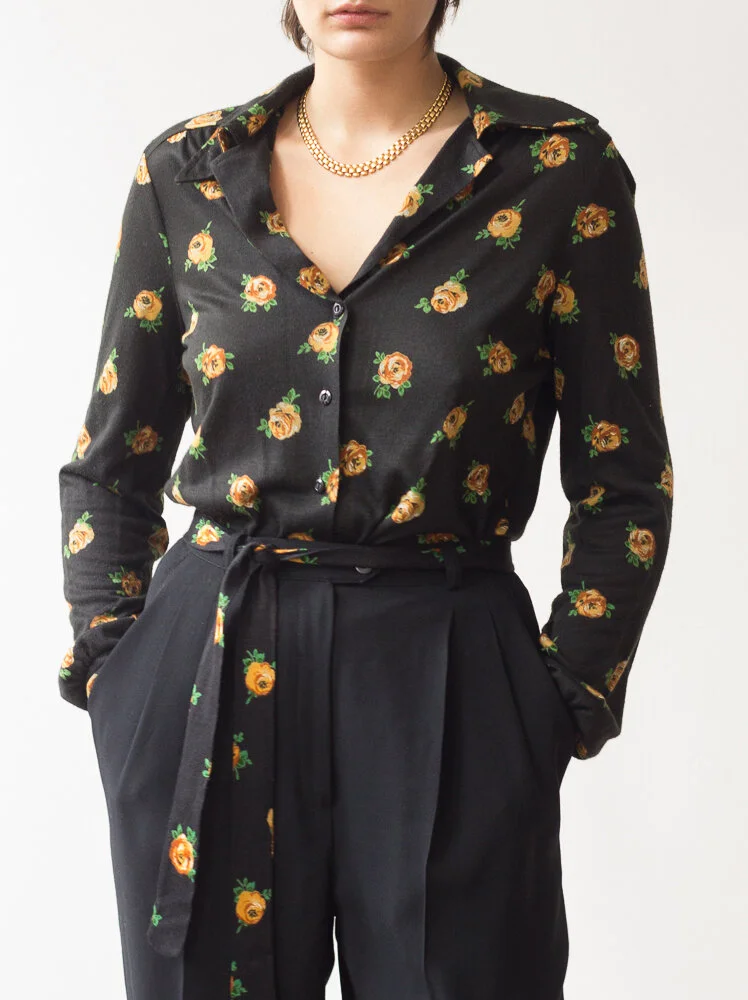 1970s Black Floral Jersey Top with Sash