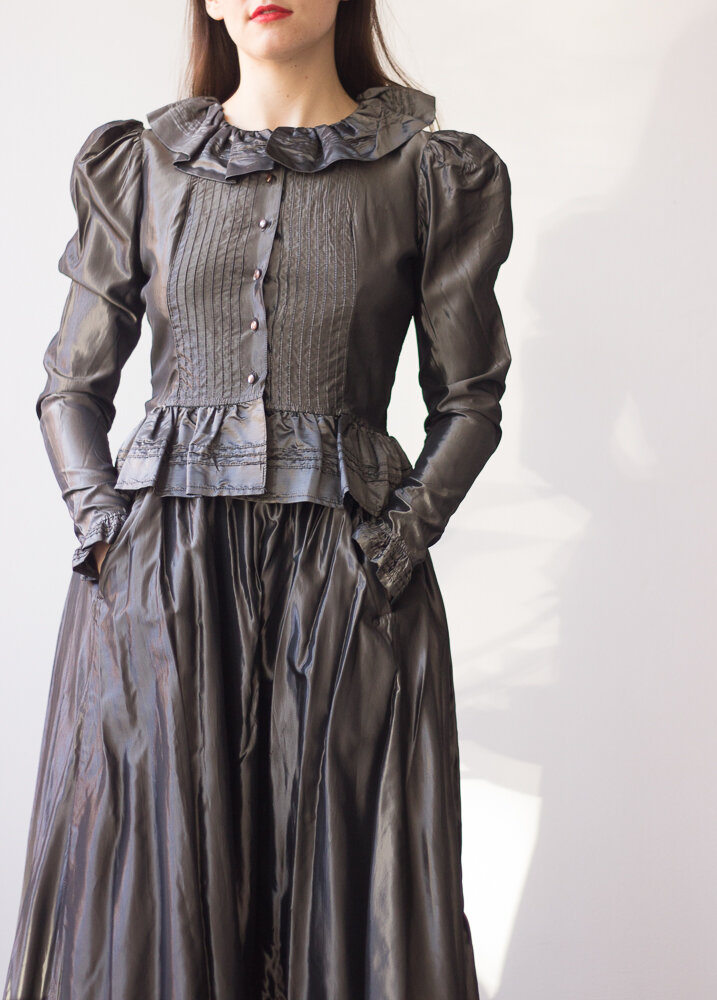 1980s Laura Ashley Gunmetal Taffeta Ensemble