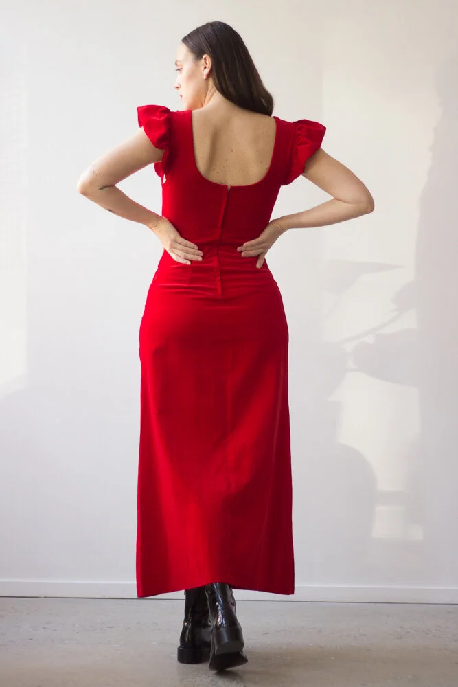 1960s Red Velvet Ruffled Sleeve