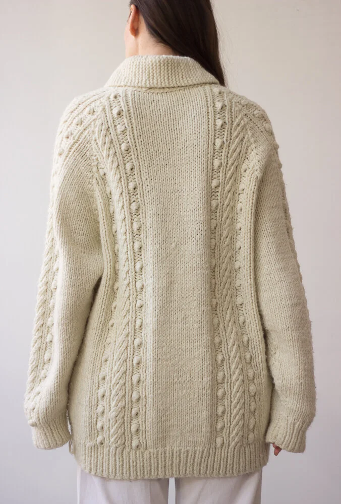 1970s Hand Knit Creme Wool Fisherman Cardigan Sweater