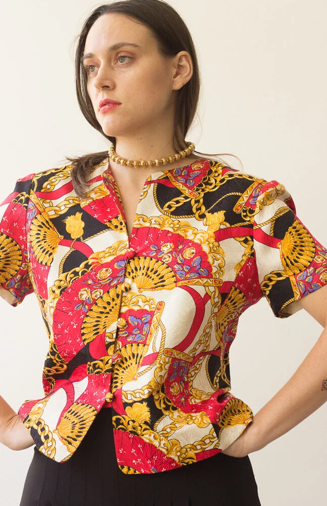 1980s Scarf Print Silk Blouse