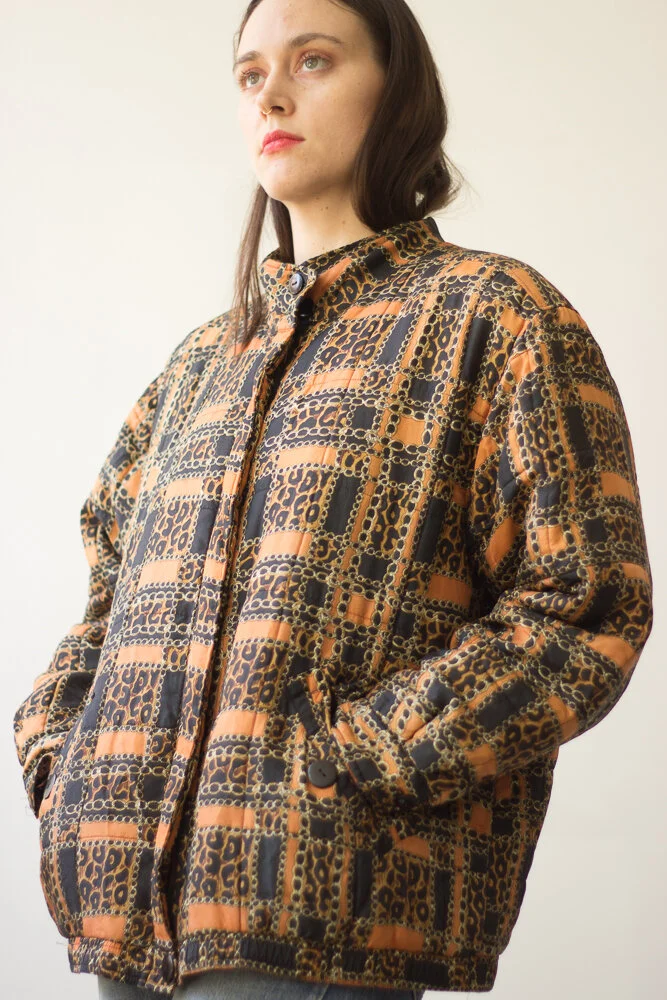 1980s Leopard Foulard Silk Quilted Puffer Jacket