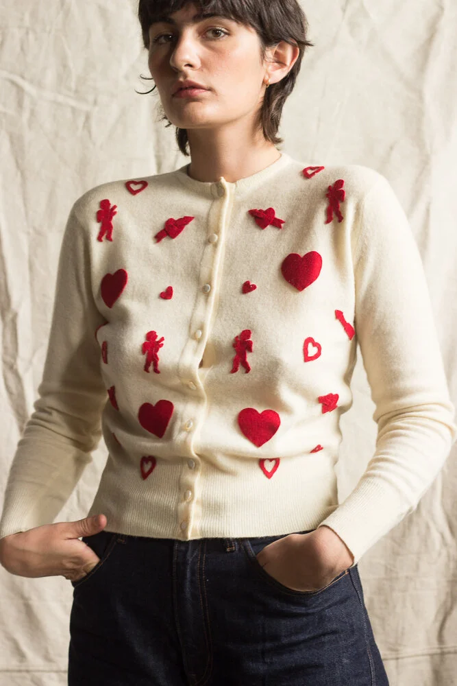 1950s Creme Valentine Appliqué Cashmere Sweater