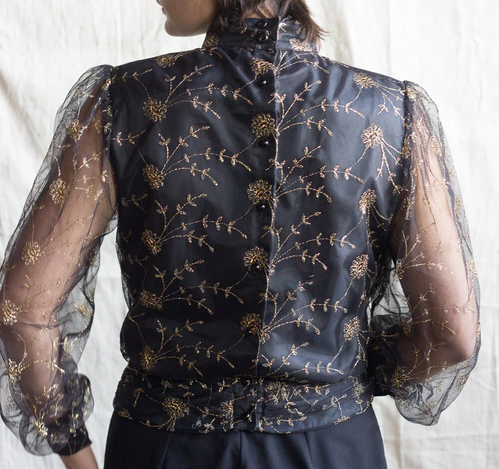 1980s Black and Gold Net High Collar Blouse