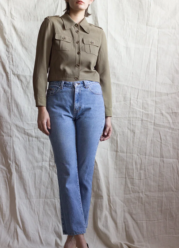 1990s Olive Crepe Military-Inspired Top
