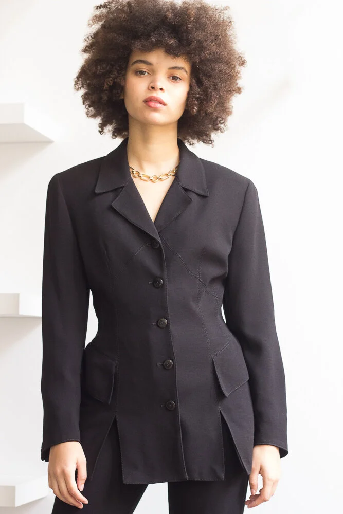 1980s Cynthia Steffe Black Crepe Topstitched Suit