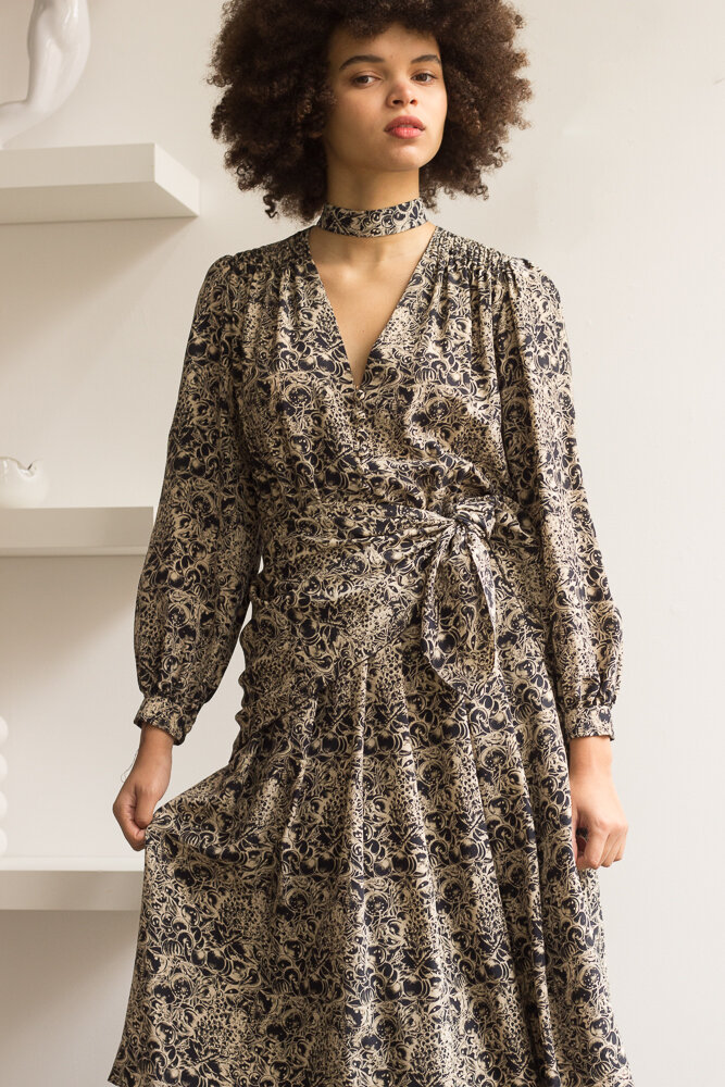 1970s Cherry Print Silk Dress with Kerchief