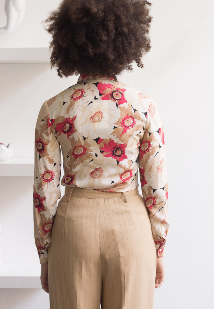 1970s Cacharel Poppy Print Silk Blouse