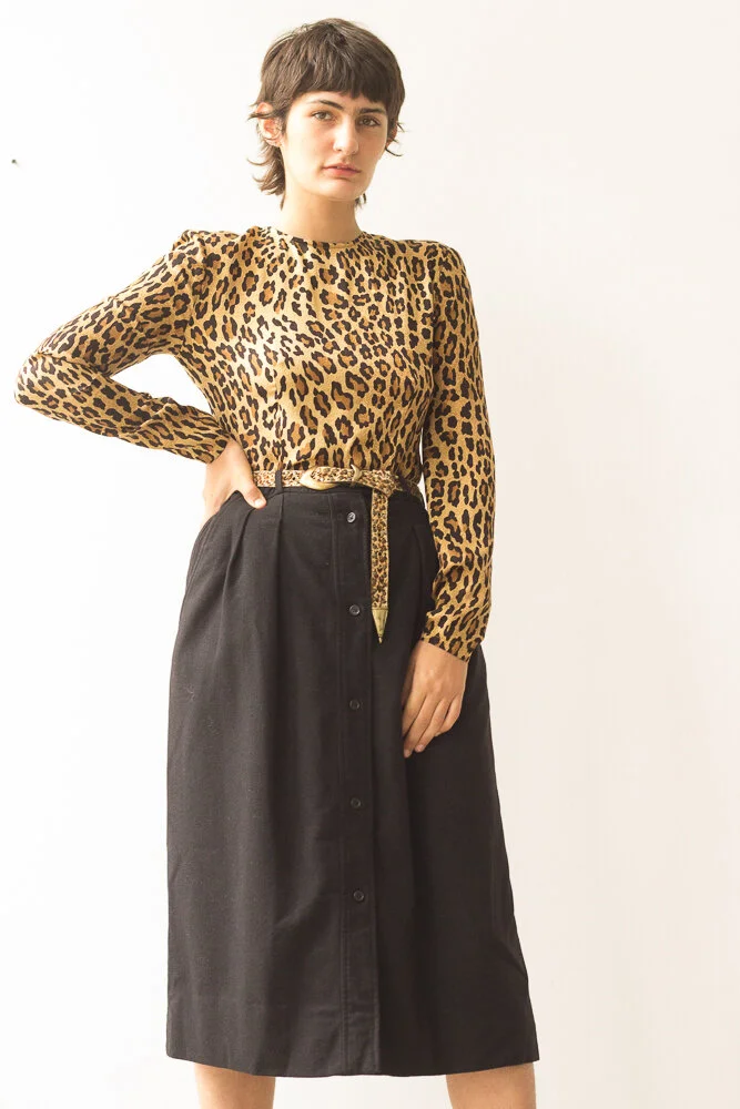 1970s Yves Saint Laurent Black Wool Middy Skirt