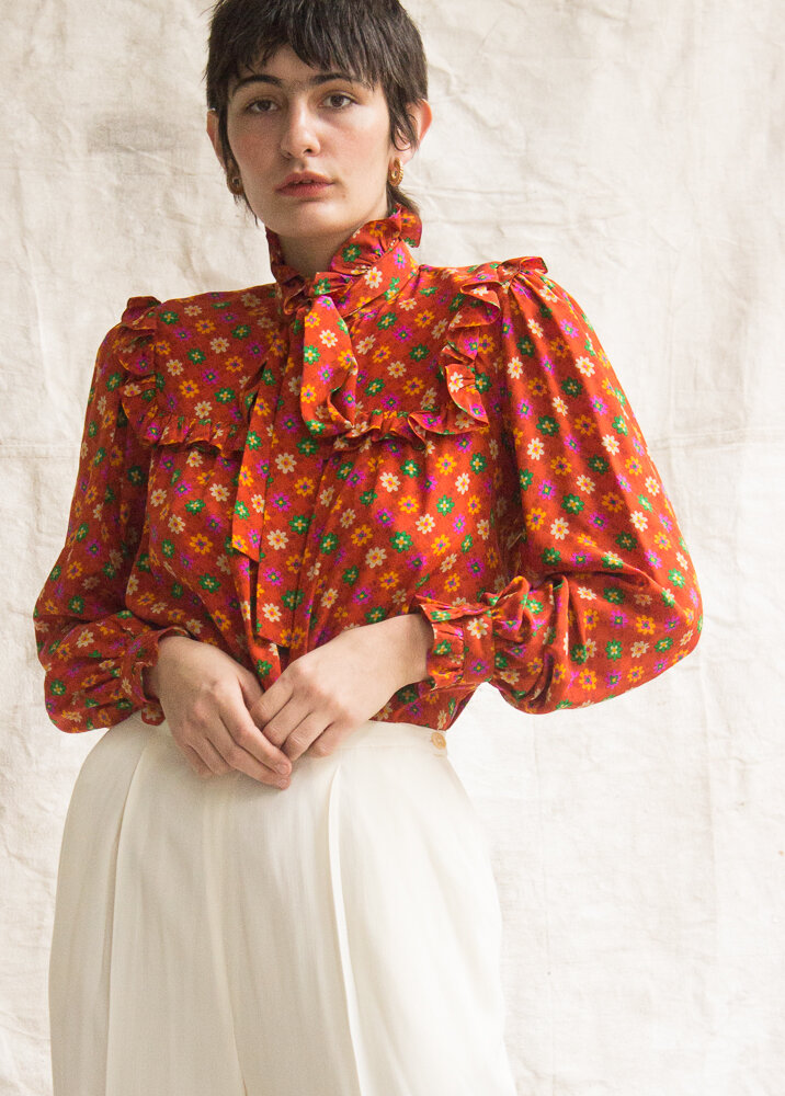 1970s Yves Saint Laurent Rich Orange Daisy Print Ruffle Blouse