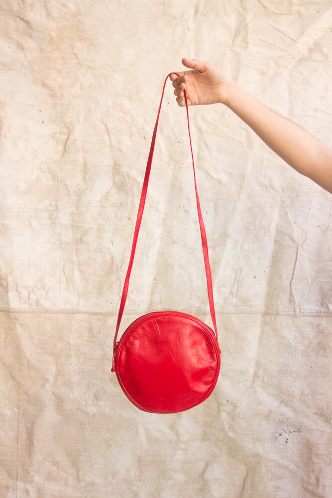 1980s Cherry Leather Circle Cross Body Bag