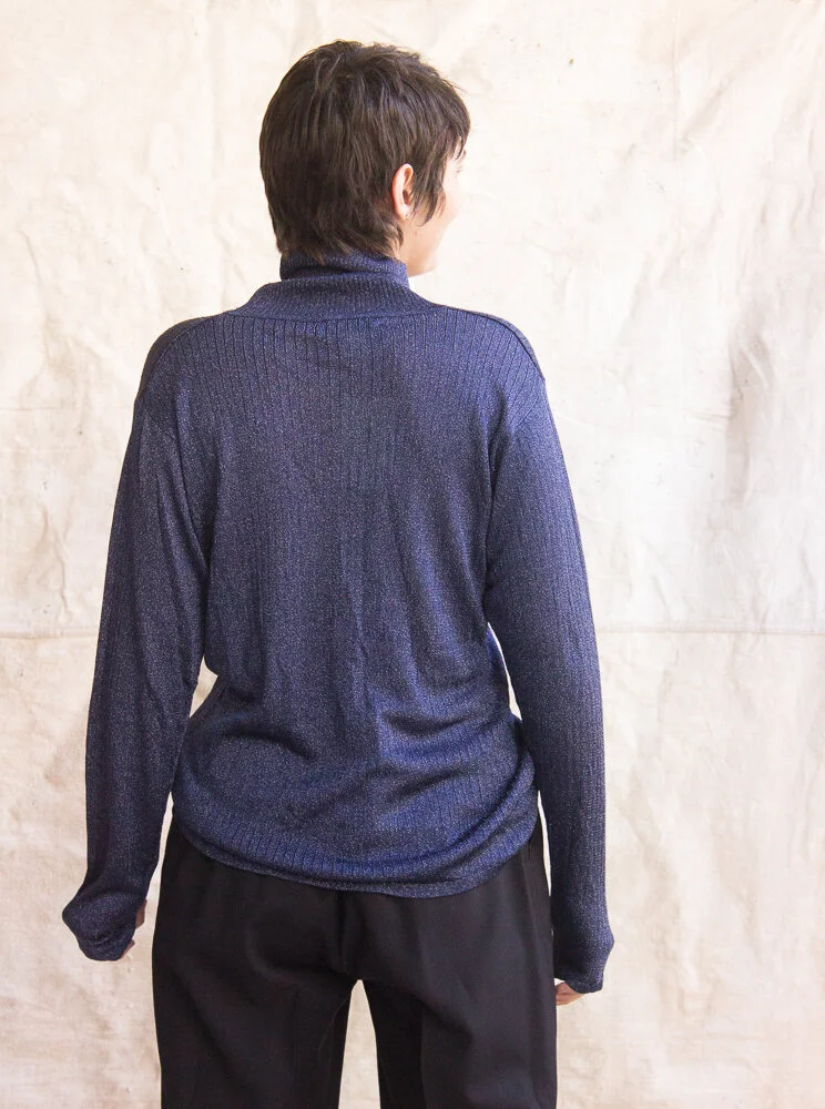 1990s Neiman Marcus Navy Lurex and Silk Turtleneck