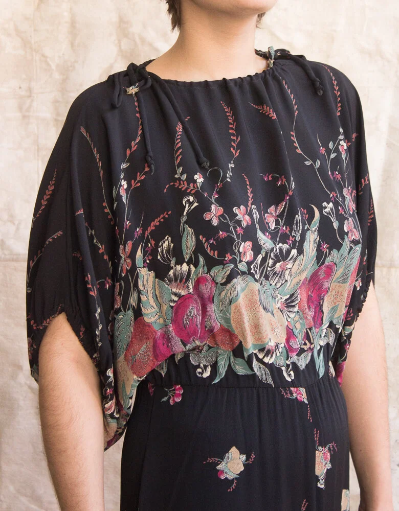 1970s Radish and Florals Rayon Dolman Dress