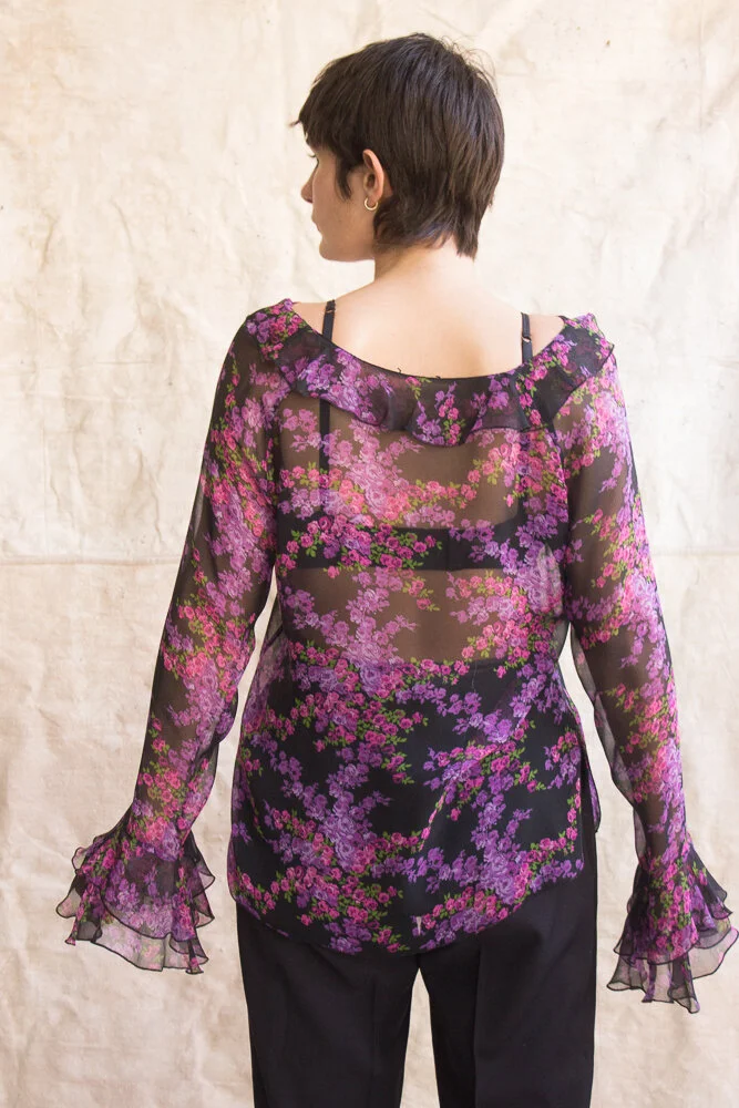 1990s Romantic Silk Chiffon Lace-up Blouse