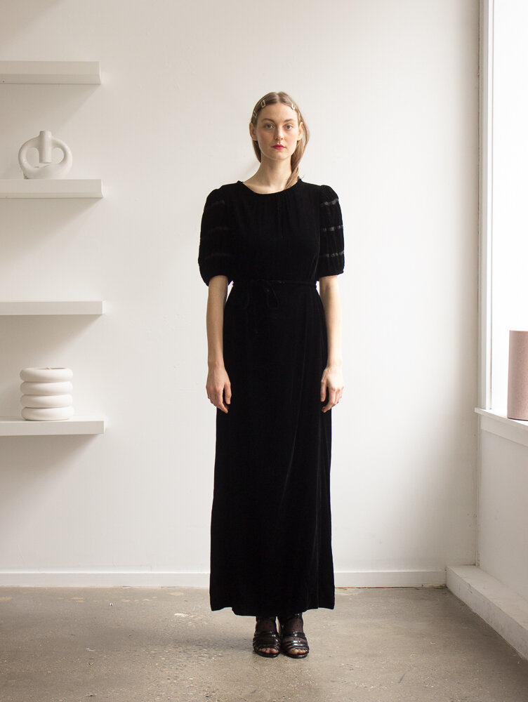 1970s Lord &amp; Taylor Black Velvet Puff Sleeve Gown