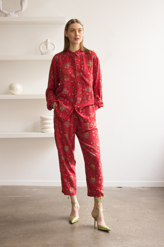 1980s Red Silk Paisley Lounge Set