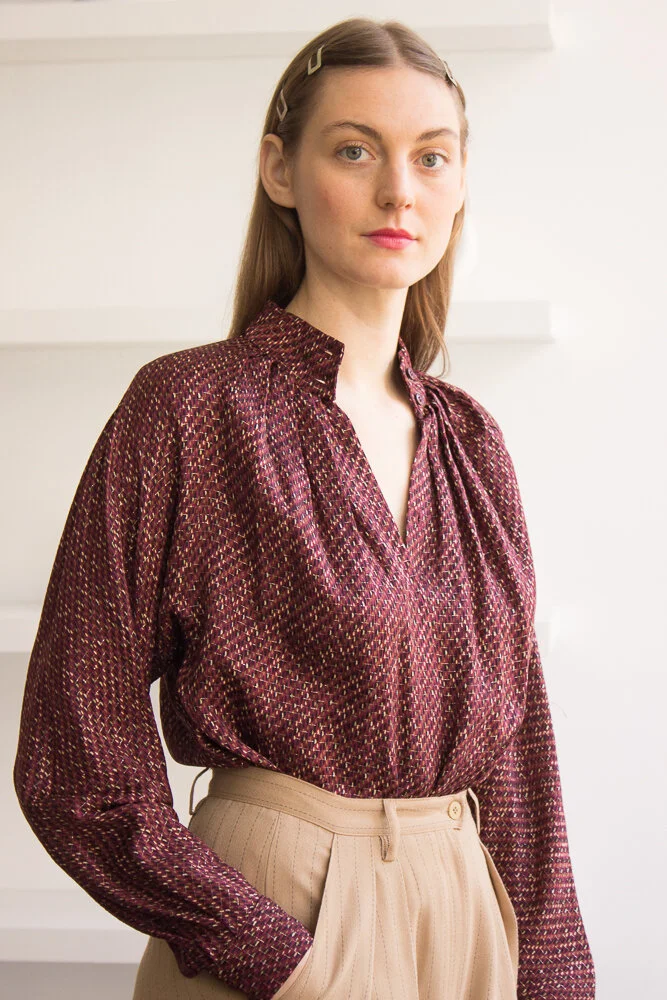 1970s Maroon Silk and Lurex Blouse