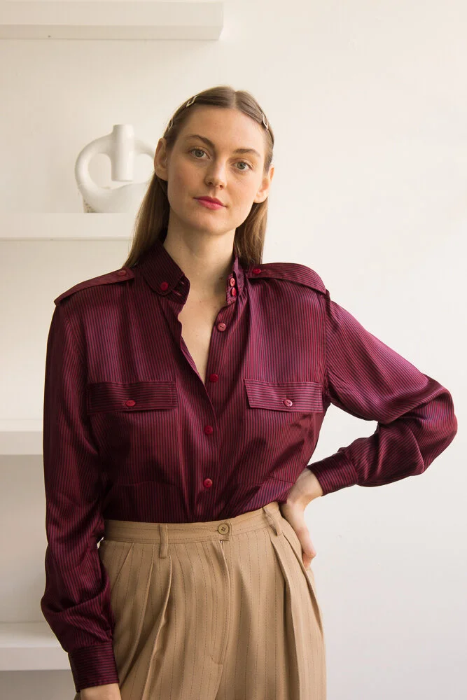 1980s Navy and Maroon Pinstriped Silk Blouse