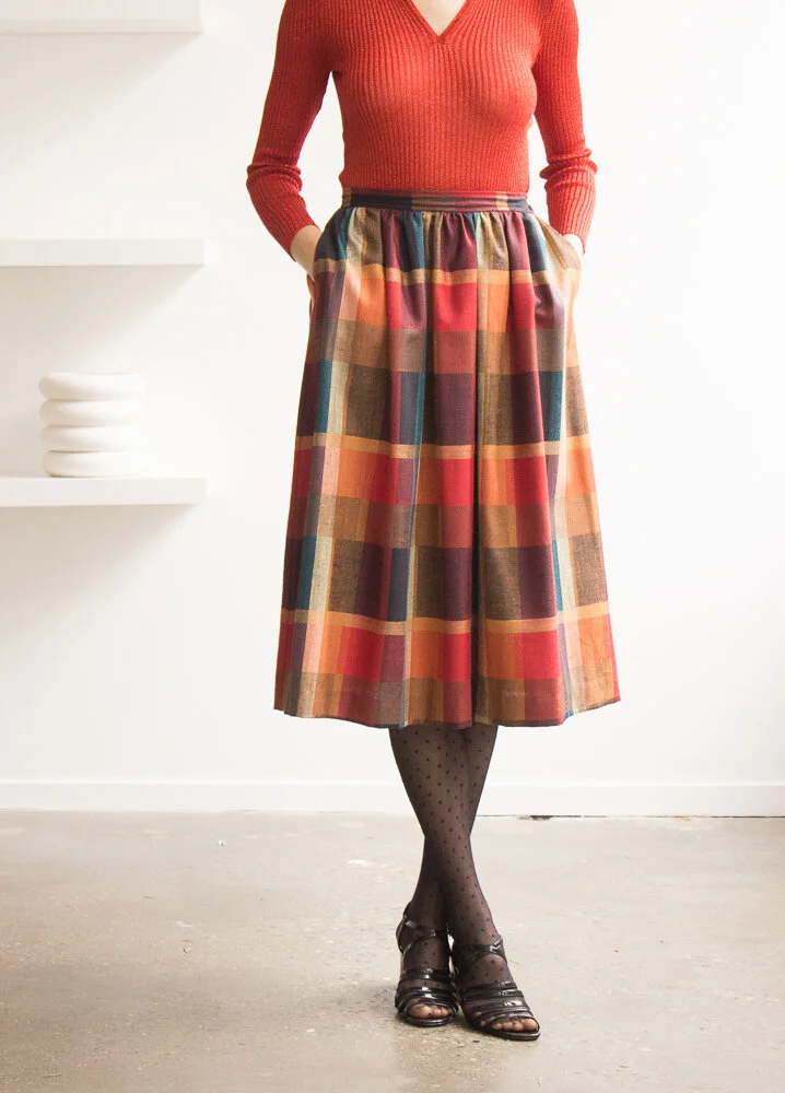 1970s Madras Silk Midi Skirt
