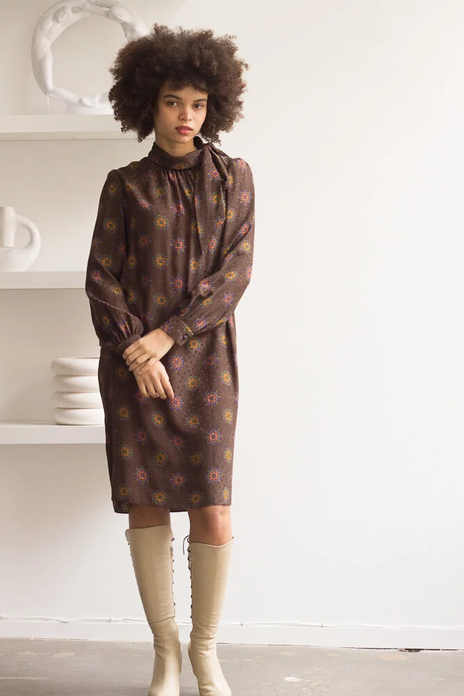 1980s Adolfo Silk Tie Collar Smock Dress