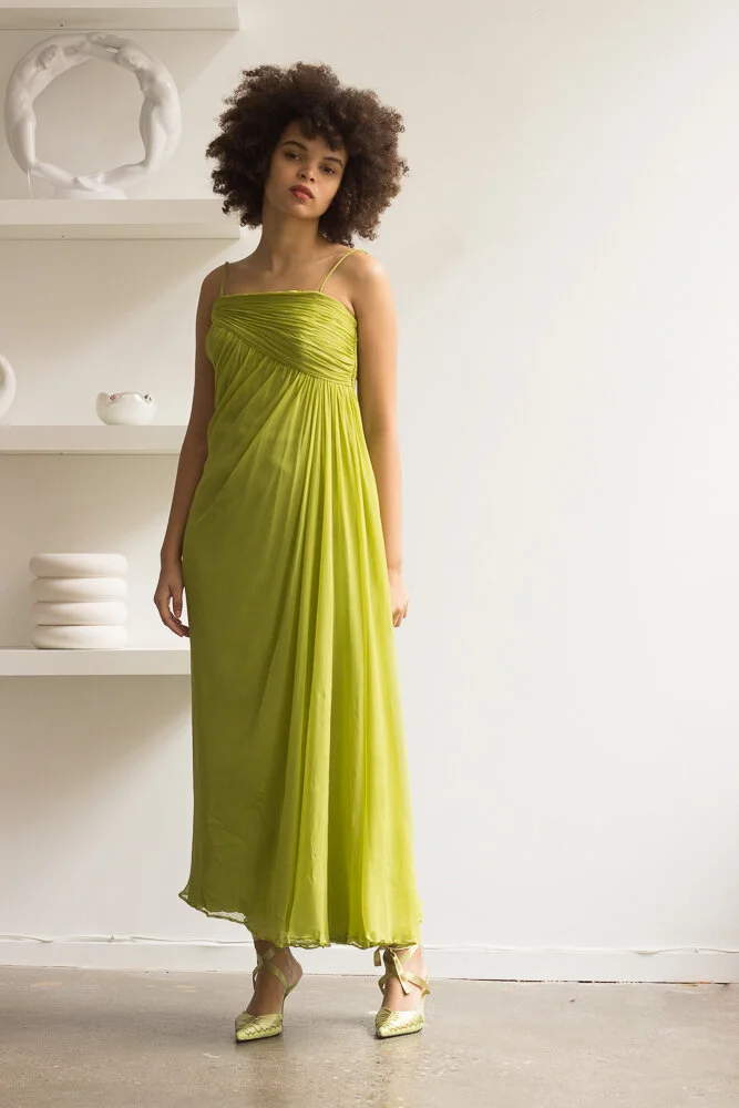1950s Chartreuse Silk Chiffon Goddess Dress