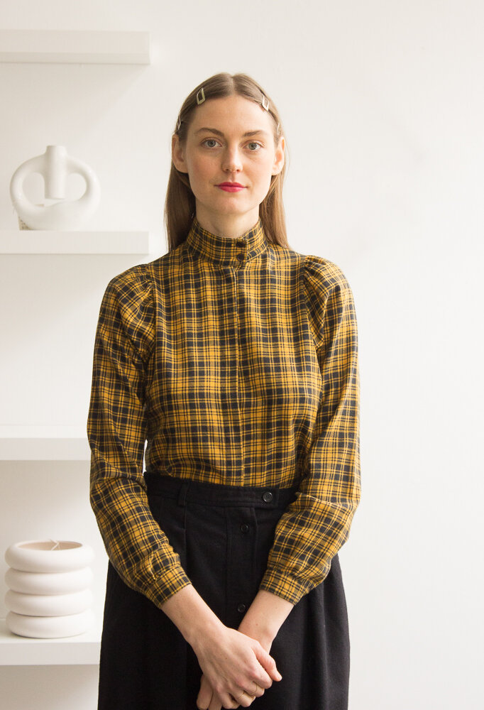 1970s Clovis Ruffin Plaid Cotton Blend Blouse