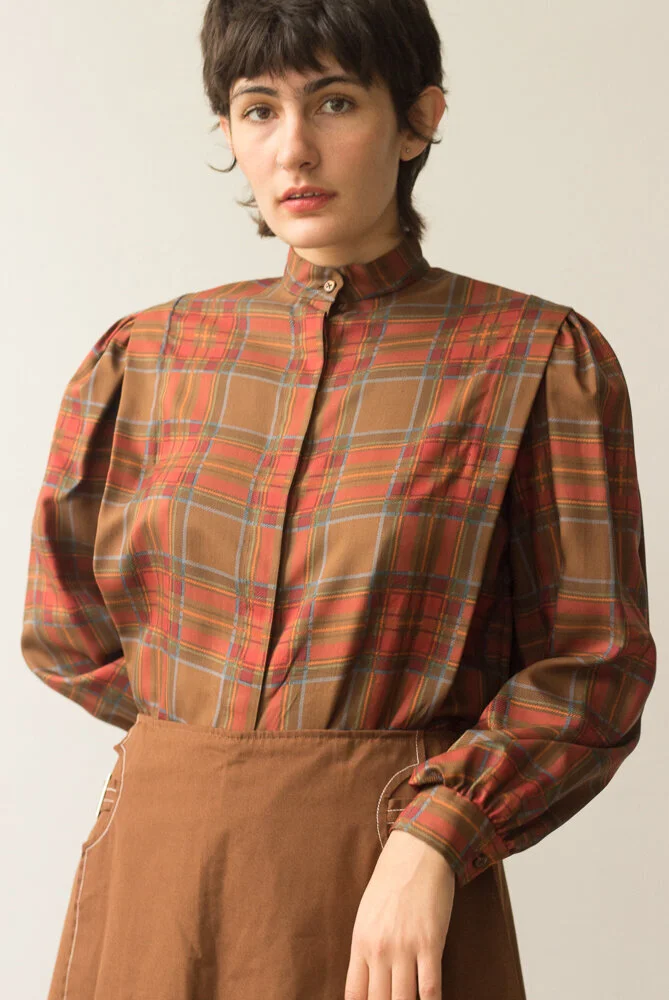 1980s Hazelnut Plaid Taffeta Blouse