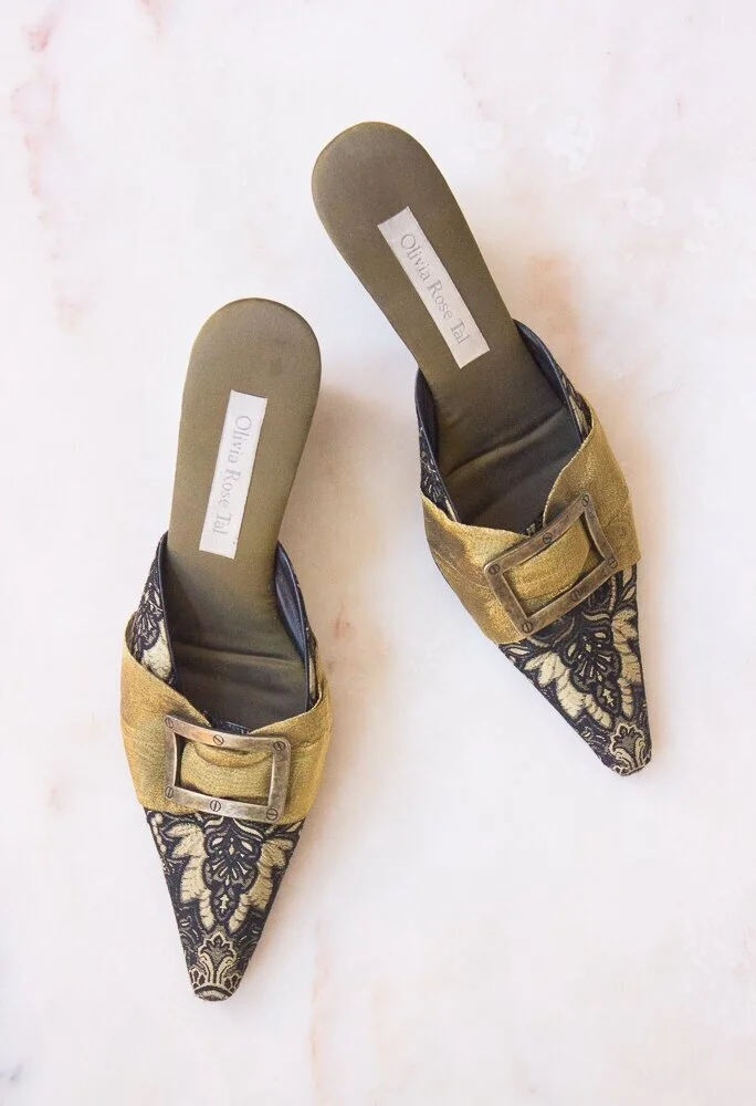 1990s Chartreuse Silk and Lace Wedge Mules
