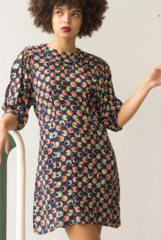 1940s Printed Rayon Puff Sleeve Dress