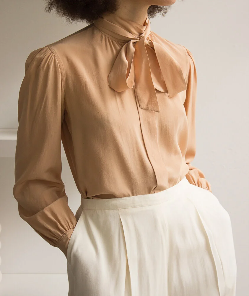 1970s Yves Saint Laurent Blush Silk Bow Blouse — Wayward Collection