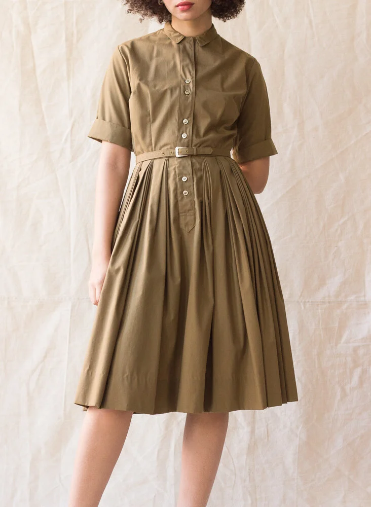 1950s Olive Cotton Pleated Shirt Dress  Wayward Collection