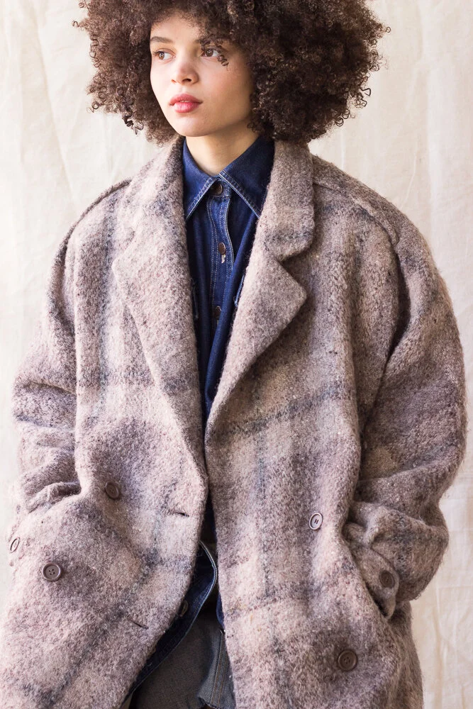 1980s Oversize Warm Gray Plaid Bouclé Wool Coat