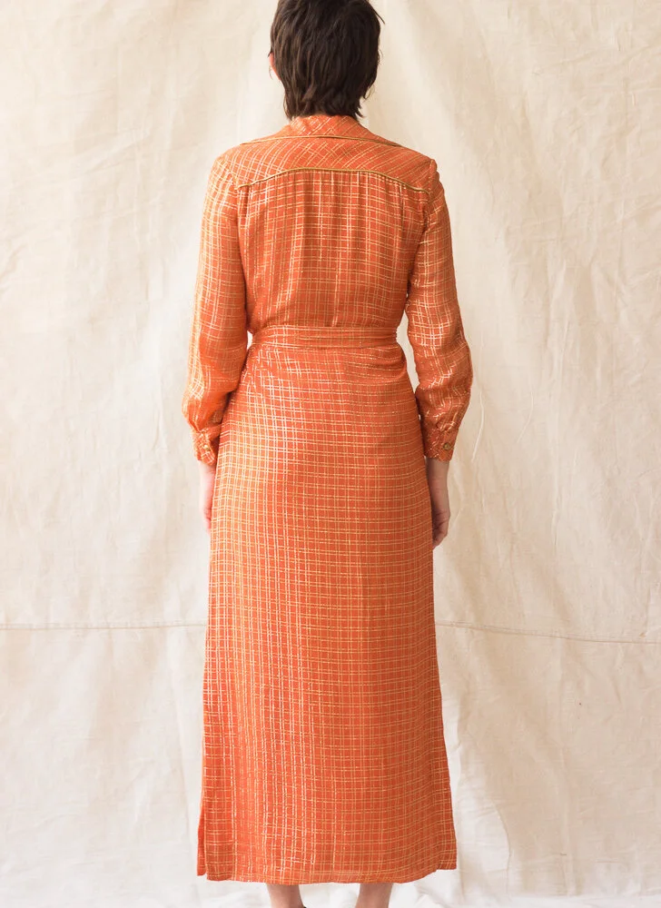1960s Malcolm Starr Orange Lurex Grid Print Shirt Dress  Wayward Collection