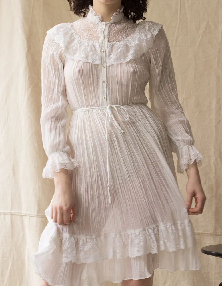 1970s White Gauze Cotton and Lace Dress  Wayward Collection