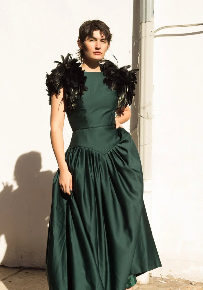 1980s Victor Costa Coque Feathered Taffeta Gown