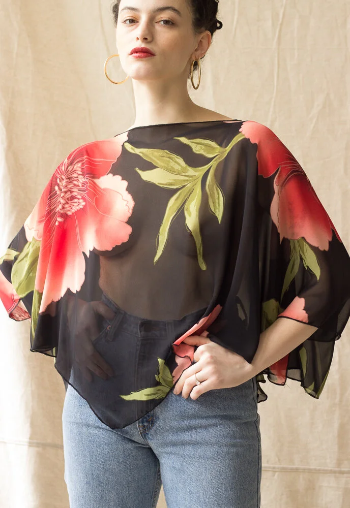 1990s Large Scale Floral Silk Cape Blouse