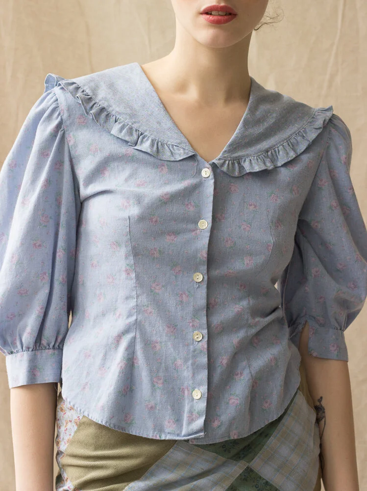 1970s "You Babes" Ditsy Floral Chambray Blouse
