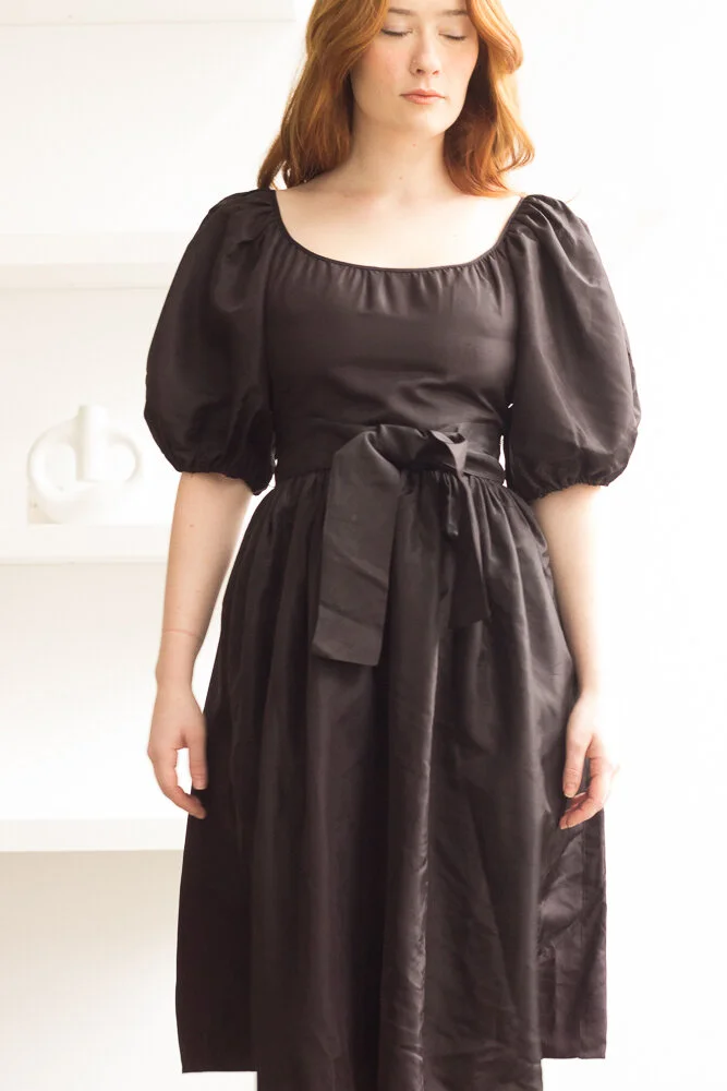 1970s Black Taffeta Puff Sleeve Dress