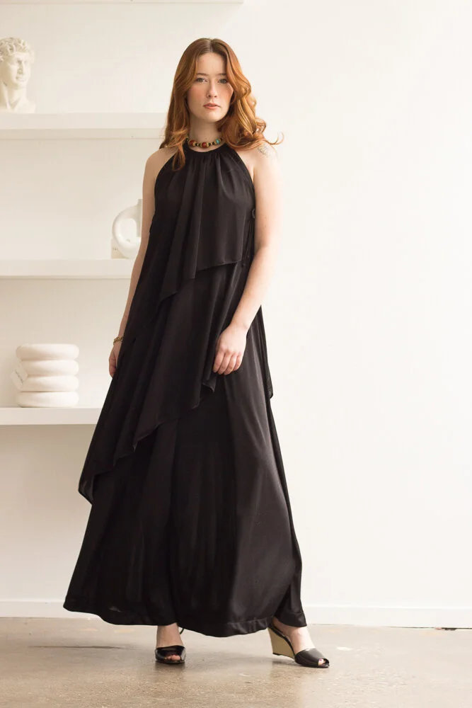 1970s Joy Stevens Black Layered Jersey Maxi Dress  Wayward Collection