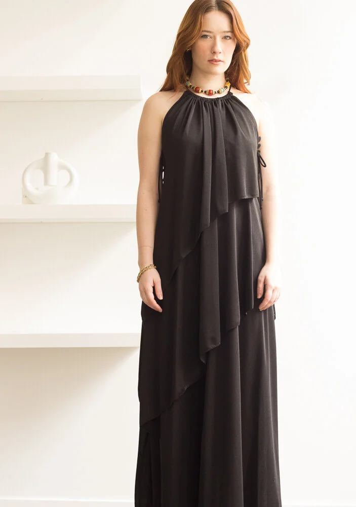 1970s Joy Stevens Black Layered Jersey Maxi Dress  Wayward Collection