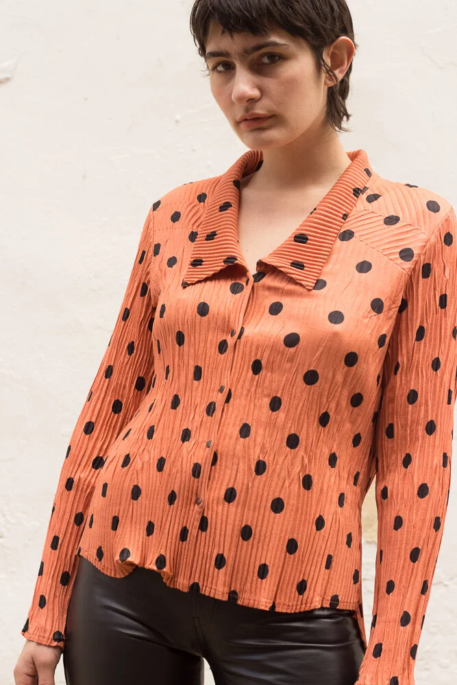 1990s Babette Persimmon Polka Dot Pleated Top