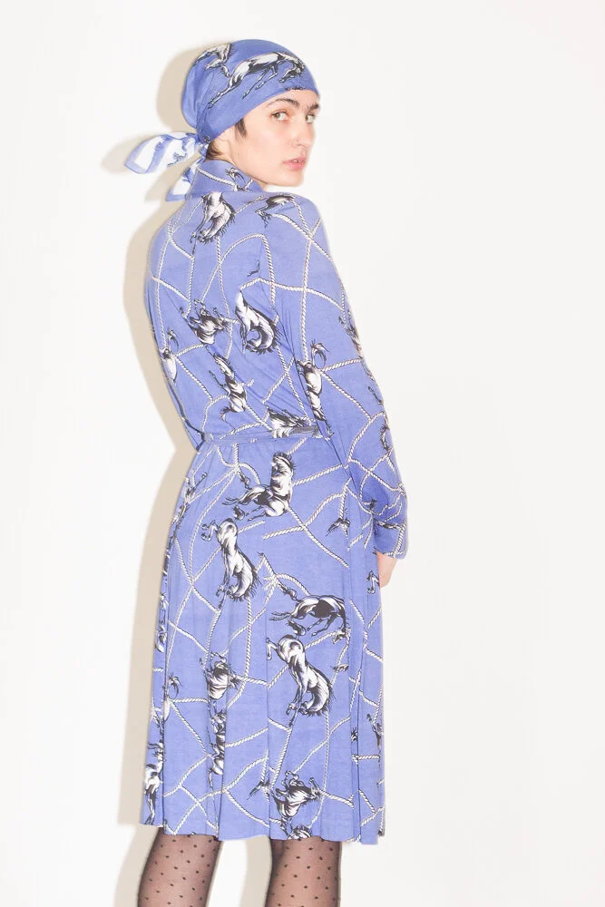 1970s Horse Print Jersey Shirt Dress with Kerchief 