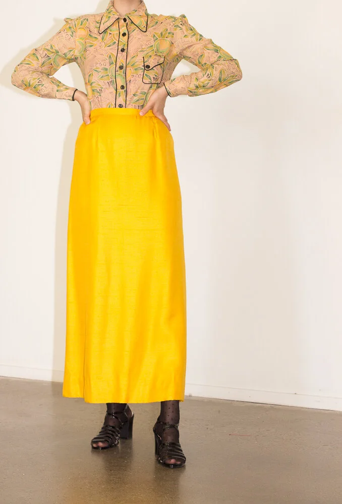 1970s Lemon Silk Ankle Length Column Skirt