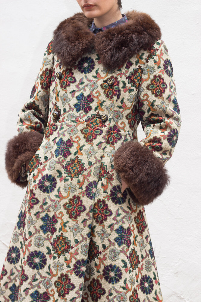 1960s Silk and Wool Tapestry Coat with Fur Trim