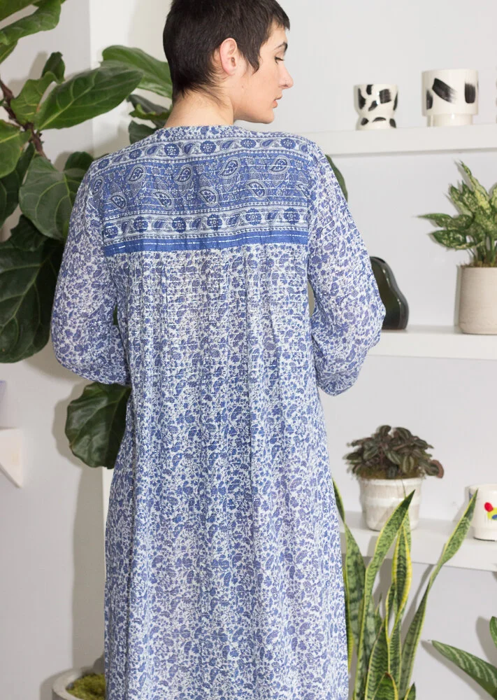 1970s Blue India Cotton Gauze and Lurex Kaftan