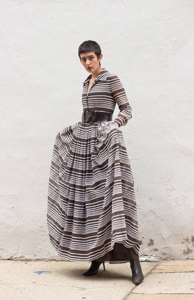 1970s Chocolate Striped Voile Gown