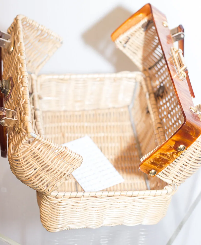 1960s Wicker and Tortoise Shell Acrylic  Box Purse
