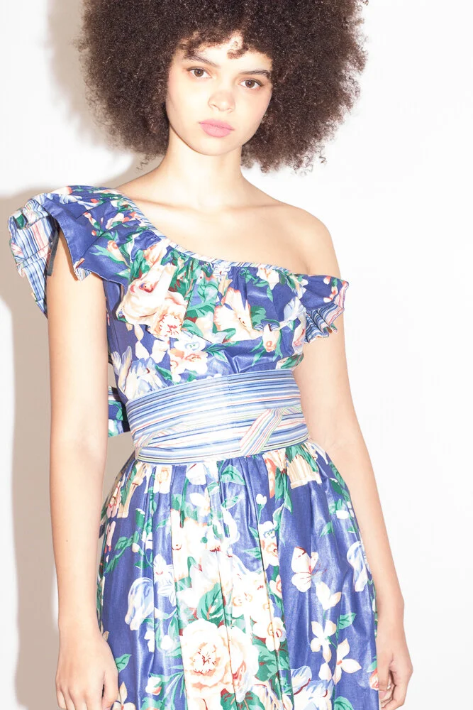 1970s Polished Cotton Blair Woolverton Floral One Shoulder Dress  Wayward  Collection
