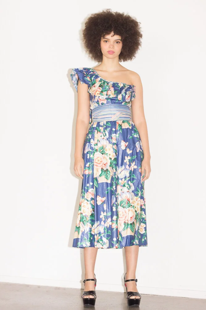 1970s Polished Cotton Blair Woolverton Floral One Shoulder Dress  Wayward  Collection