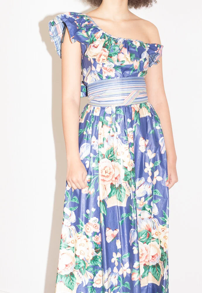 1970s Polished Cotton Blair Woolverton Floral One Shoulder Dress